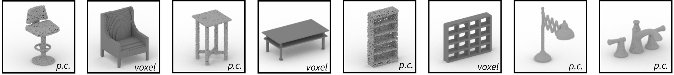 Eight input shapes represented as point clouds or voxels